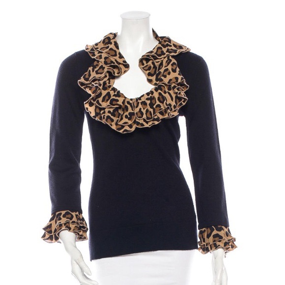 Tory Burch Sweaters - Tory Burch Black V-Neck Sweater with Leopard Print Trim